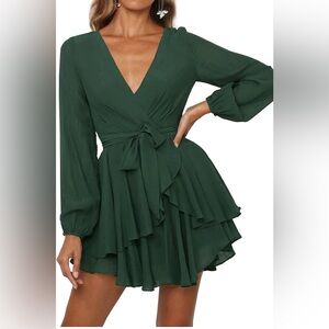 Ferlema Ruffle Wrap Mini Dress Sage Green Long Sleeve Smocked XL